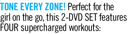 Tone every zone! Perfect for the girl on the go, this 2-DVD set features four supercharged workouts: